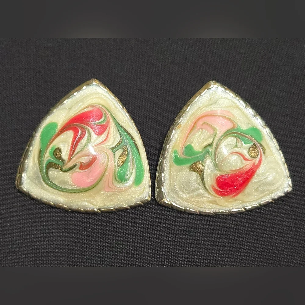 Vintage 1980s Triangle Enamel Swirl Statement Earrings - Picture 1 of 4